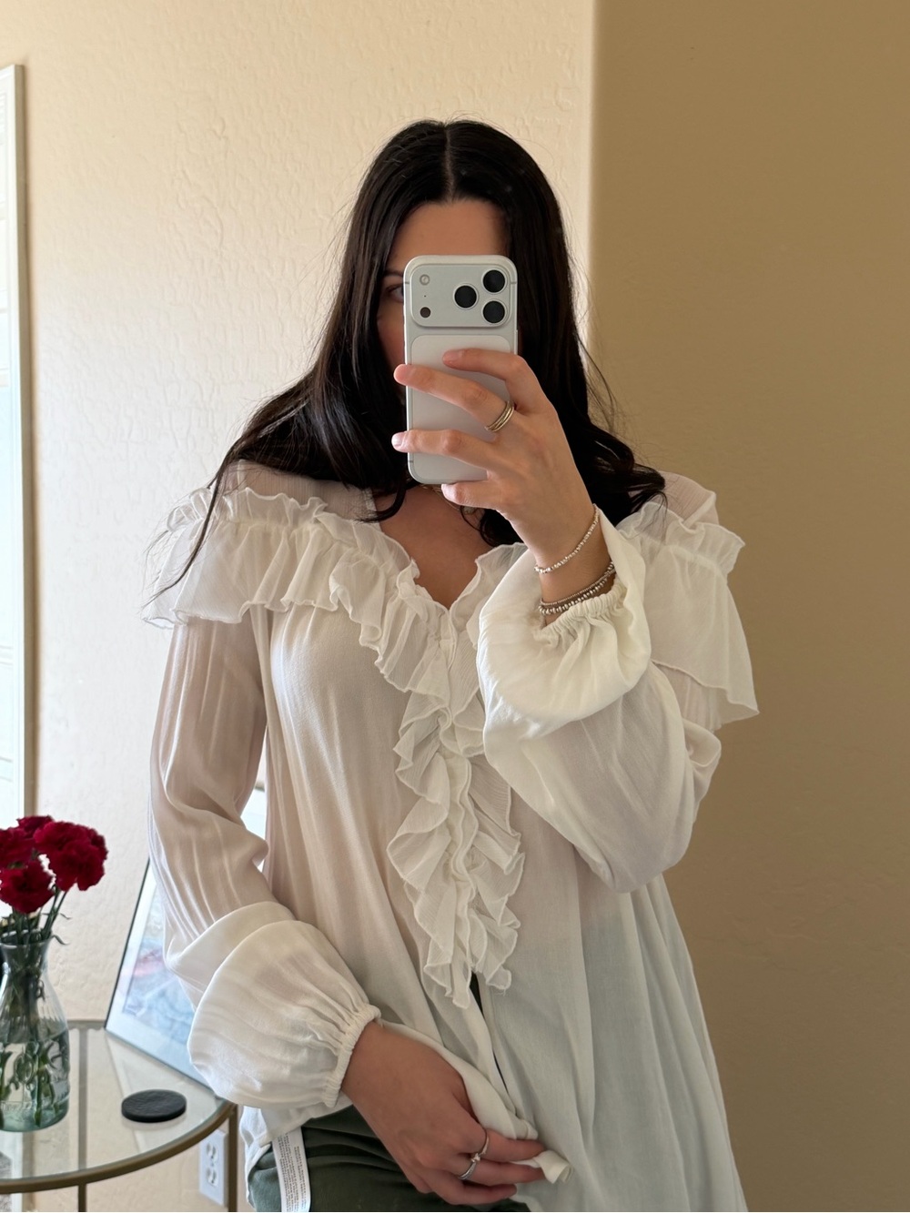 Band of Gypsies Ivory Ruffle Front Peasant Long Sleeve Top